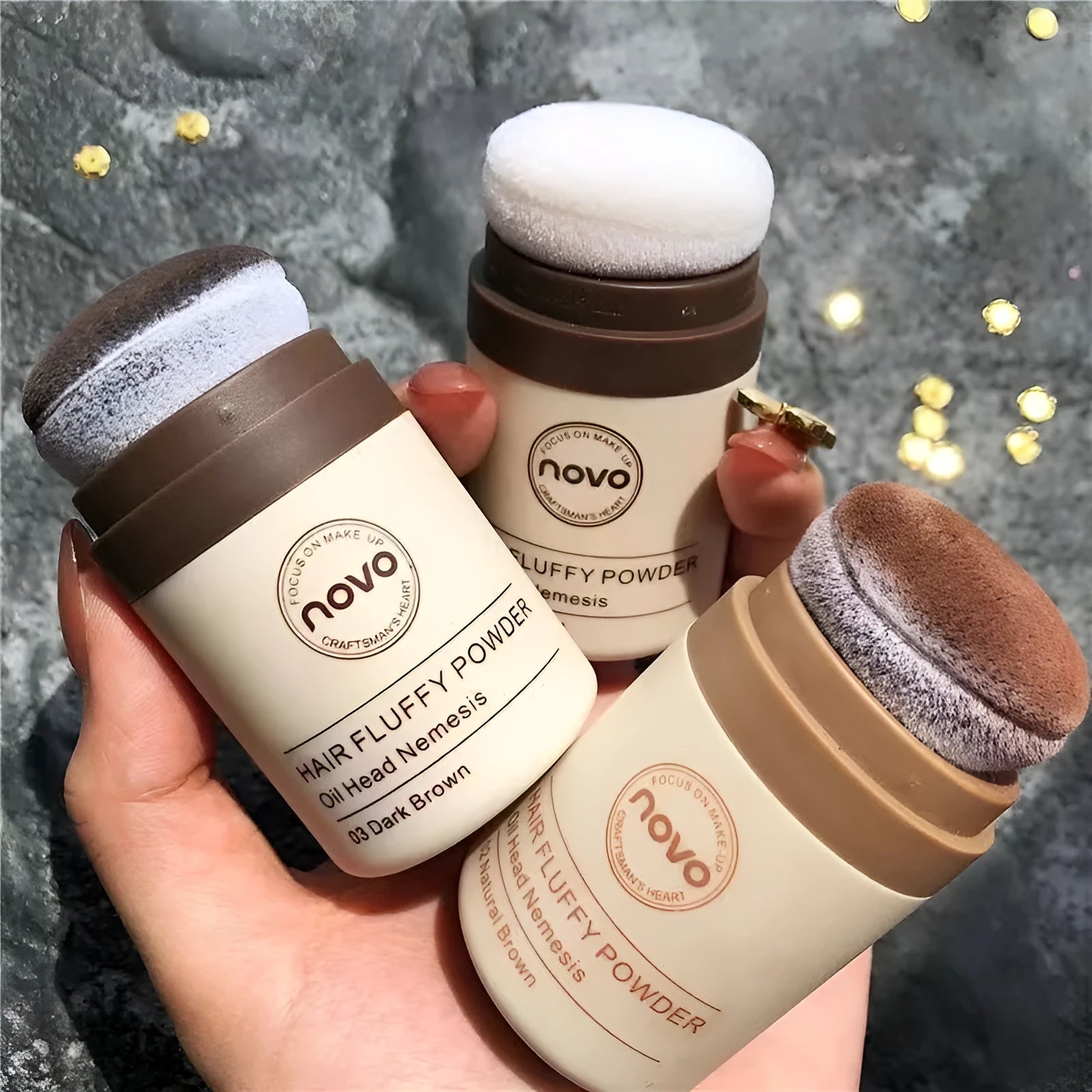 Mattifying oil control face powder container for hair bangs and hairline.