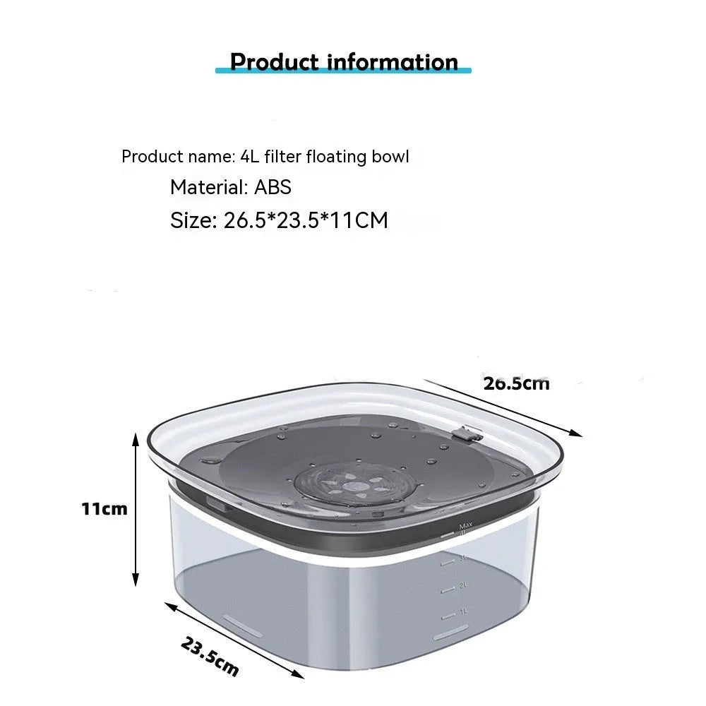 Transparent 2L dog water bowl with floating slow-feeding disk and non-slip base