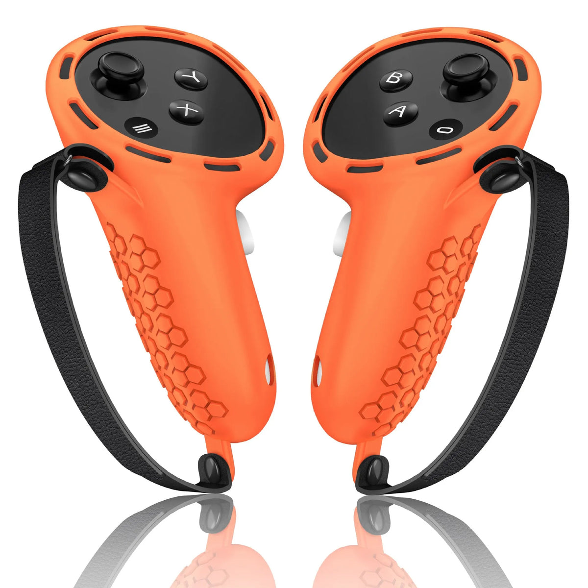Meta Quest 3 VR controller with black silicone protective sleeve and wrist strap attached