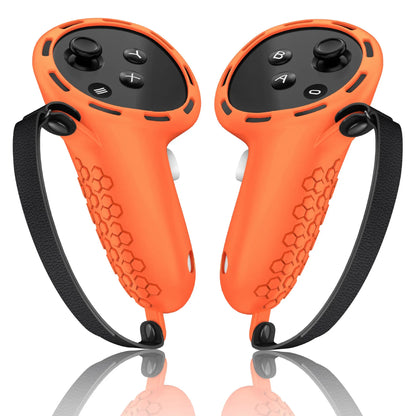 Meta Quest 3 VR controller with black silicone protective sleeve and wrist strap attached