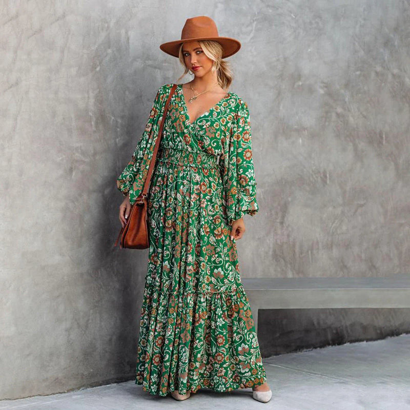 Stylish Printed Halter Dress with Lantern Sleeves