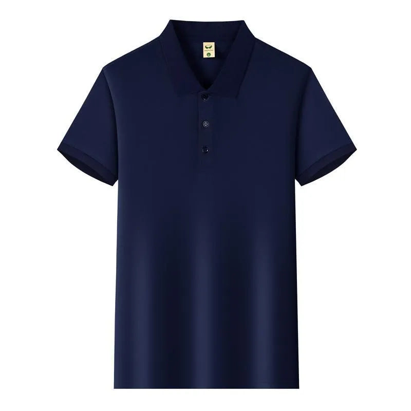 Man's short sleeve Ice Silk lapel business shirt shown in multiple colours including black, navy, and light blue.