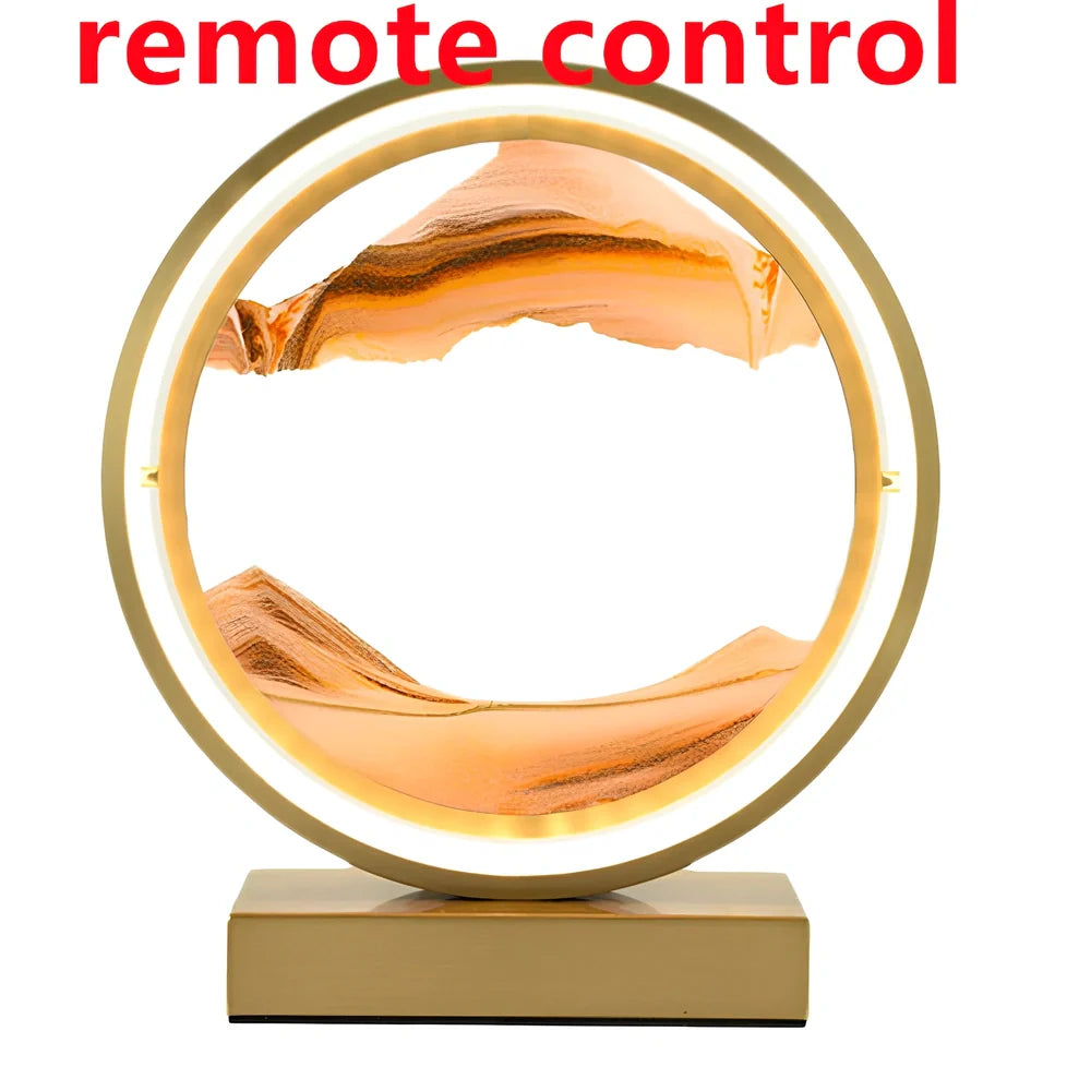 Black and white quicksand table lamp, 295mm tall with LED lights and remote control, coloured sand in glass chamber