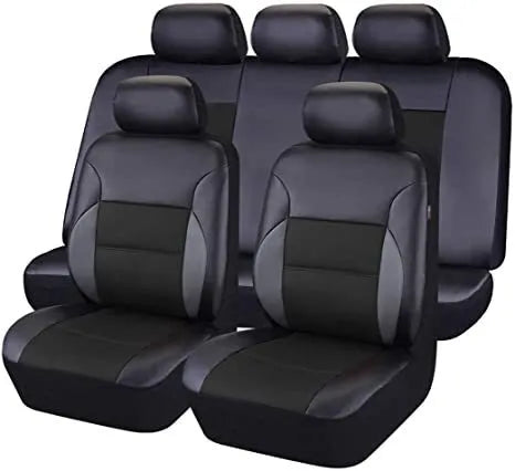 Artificial leather car seat covers in black, showing 9-piece set with headrest and seat protection on a 5-seater car