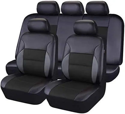 Artificial leather car seat covers in black, showing 9-piece set with headrest and seat protection on a 5-seater car