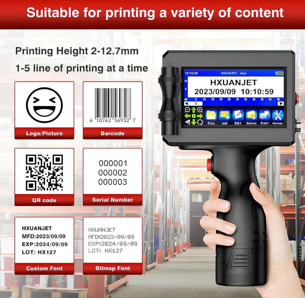 Black handheld code-spraying machine with 4.3-inch touch screen displaying marking interface