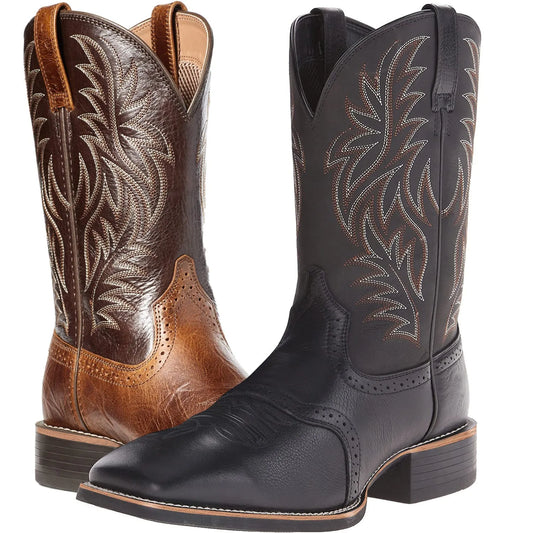 Black Western cowboy boot with vintage embroidery, square toe, and low heel on a rubber sole