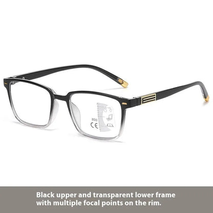 Multifocal reading glasses with anti blue light protection showing colour changing lenses