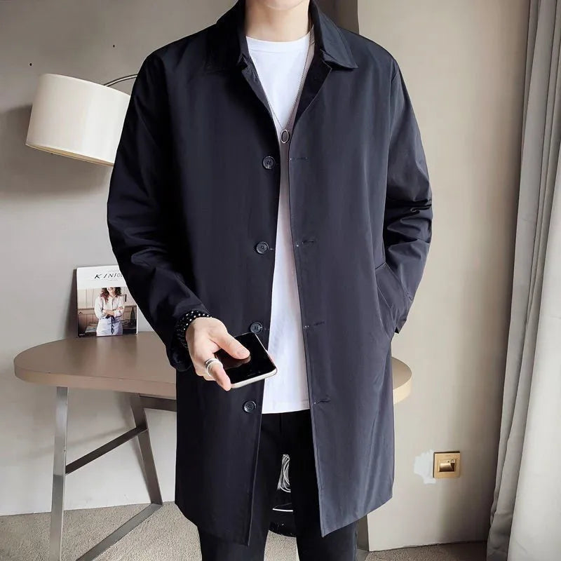 Men's khaki loose fit mid-length rabbit fur trench coat on hanger