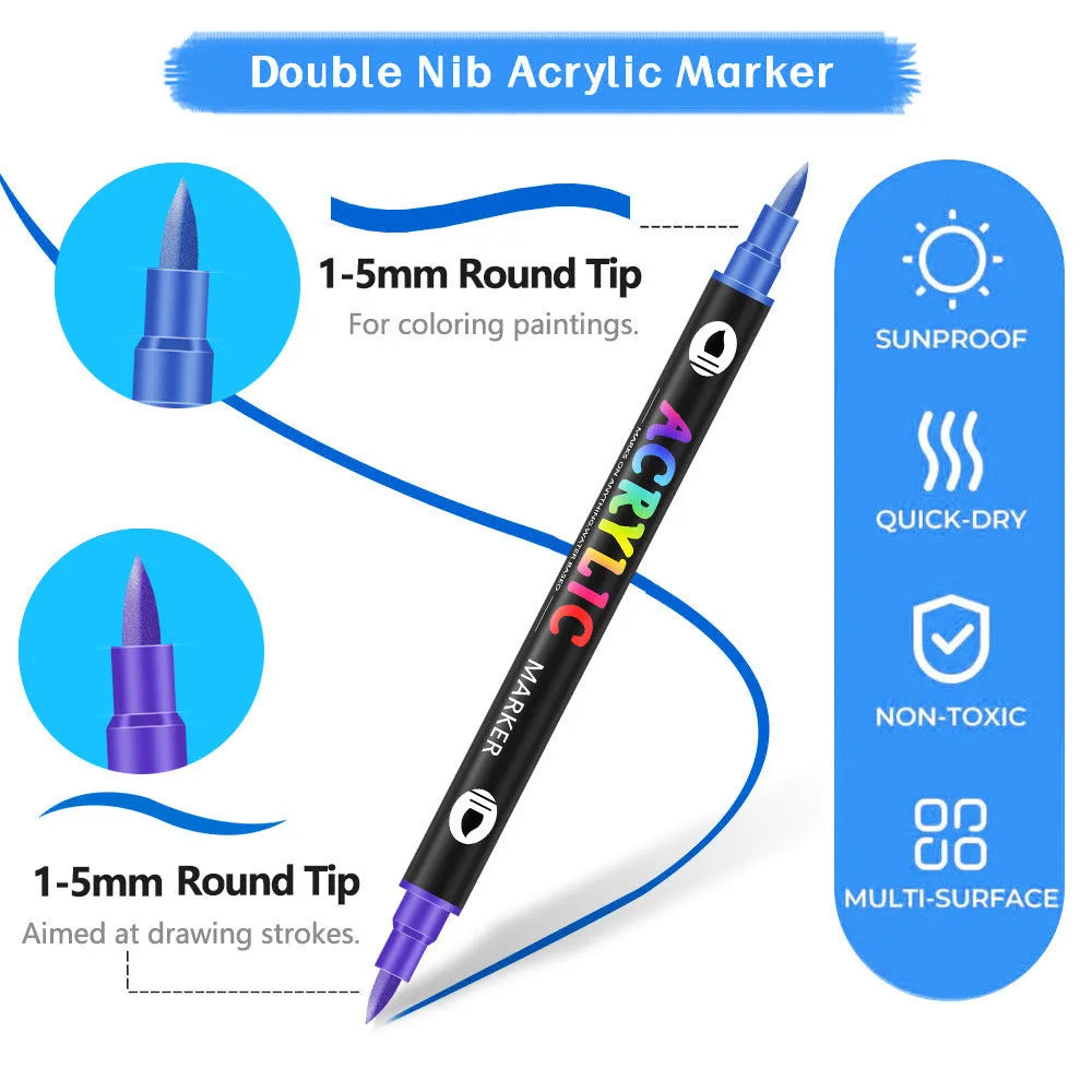 Set of double-headed acrylic marker pens showing washable opaque colours with quick-drying ink