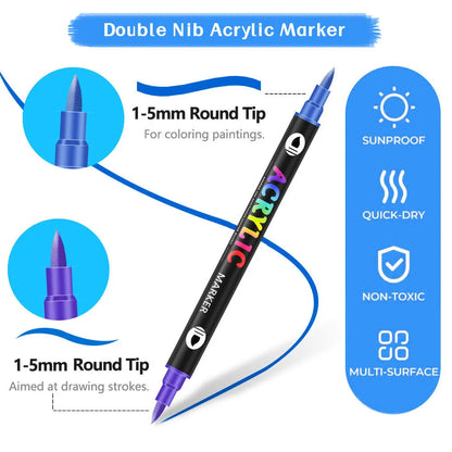 Set of double-headed acrylic marker pens showing washable opaque colours with quick-drying ink
