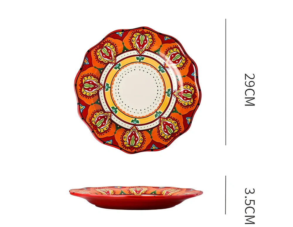 Underglaze ceramic bowl with Bohemian floral pattern in blue mandarin duck design, 8 inch diameter