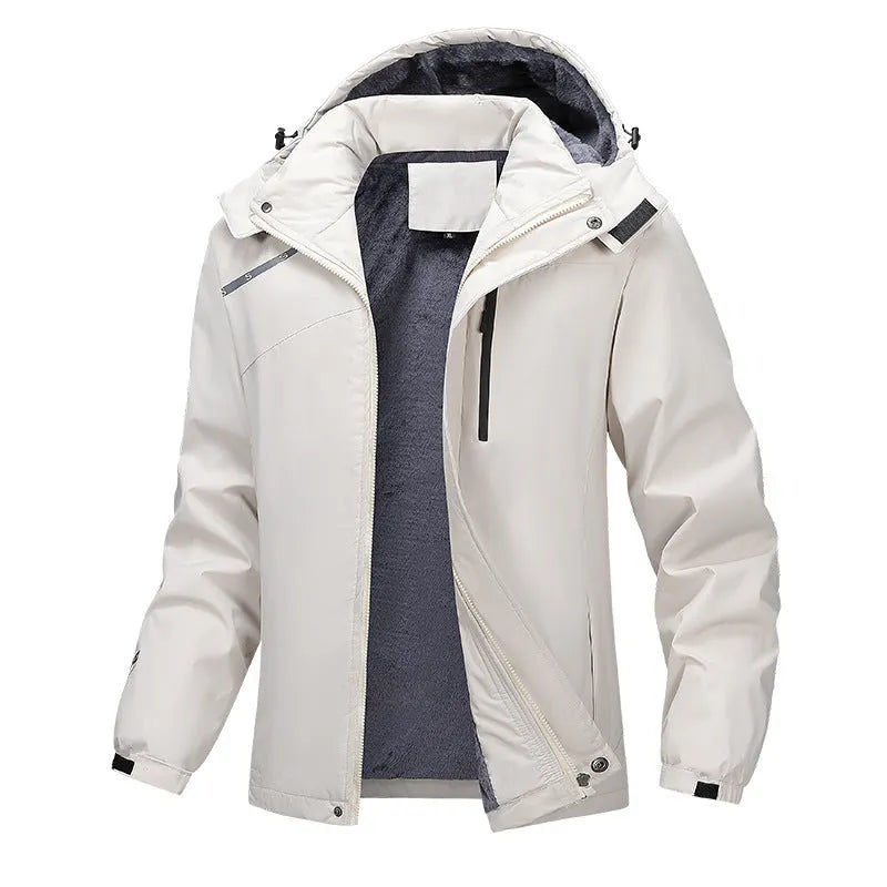 Men's Plus Size Hooded Coat made from polyester for loose warmth in cold weather, available in Army Green, Black, Dark Gray, White with sizes from L to 7XL offering windproof and waterproof protection