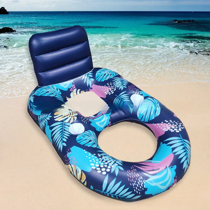 Large white inflatable pool floating bed with integrated backrest recliner on blue water
