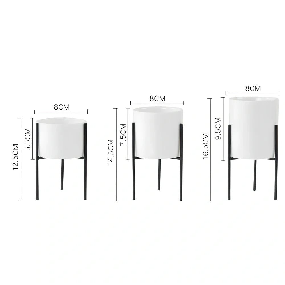 Black iron frame succulent flowerpot with white ceramic insert showing 12.5cm and 16.5cm size options