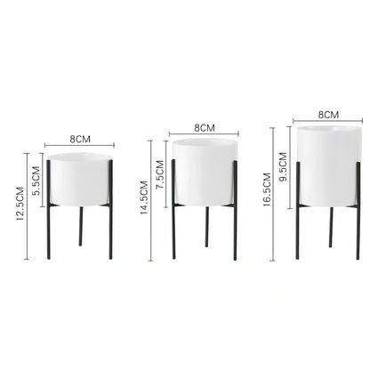 Black iron frame succulent flowerpot with white ceramic insert showing 12.5cm and 16.5cm size options