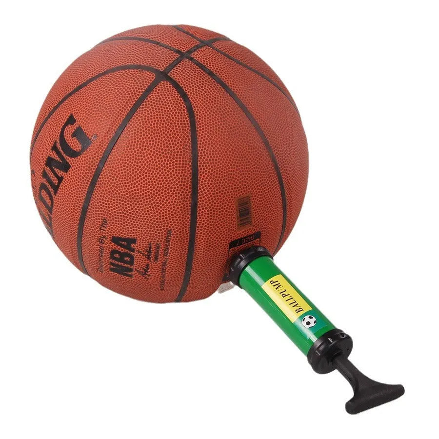 Manual plastic pump for inflating sports balls and balloons, shown in mixed colours with length options from 20-32cm