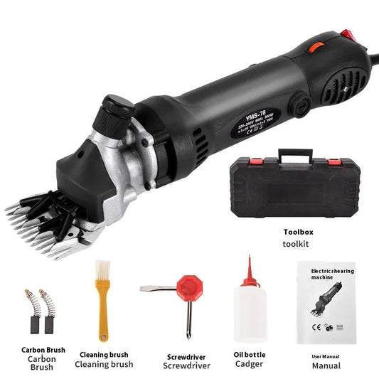 Yellow electric wool shearing tool with 13-tooth blade, multiple blade sets, and maintenance accessories in plastic storage box