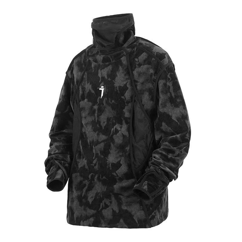 Men's black tie-dye finger turtleneck sweater with drop-shoulder sleeves and full print pattern