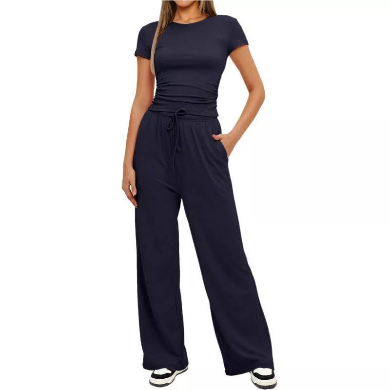 Women's 2-piece solid color yoga set with short-sleeve top and high-waisted pants