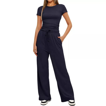 Women's 2-piece solid color yoga set with short-sleeve top and high-waisted pants