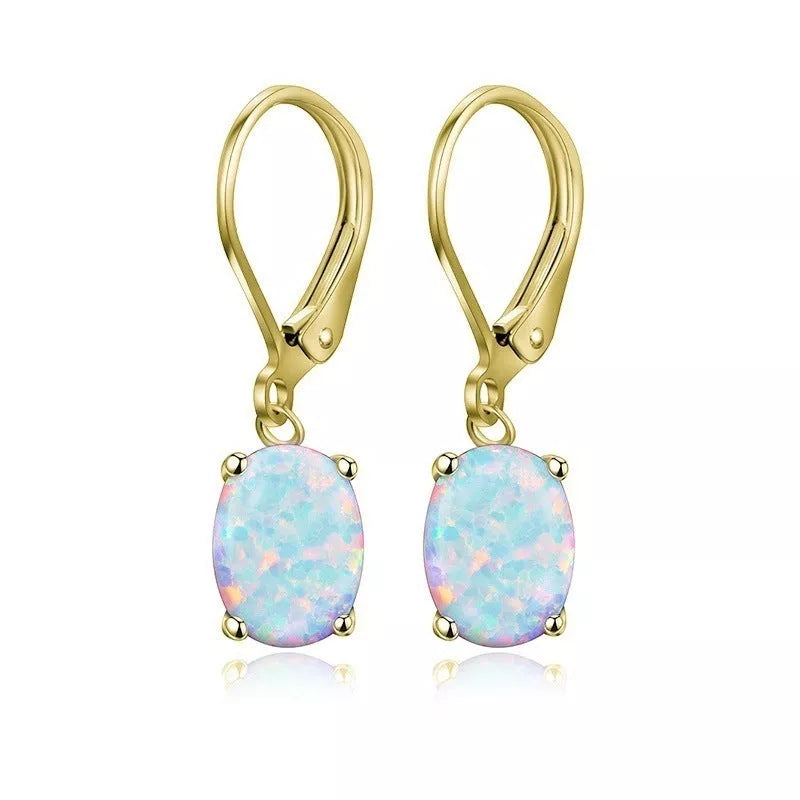 Four-claw oval opal earrings in gold, rose gold, or silver with electroplated finish