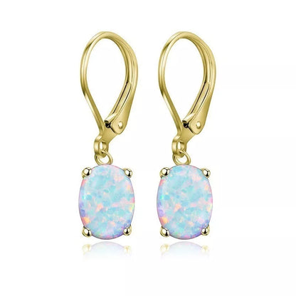 Four-claw oval opal earrings in gold, rose gold, or silver with electroplated finish