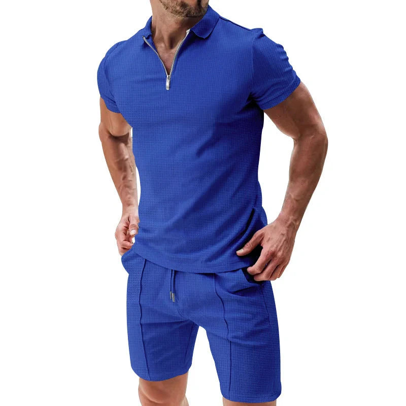 Men's waffle texture summer outfit set with zipper lapel top and drawstring shorts