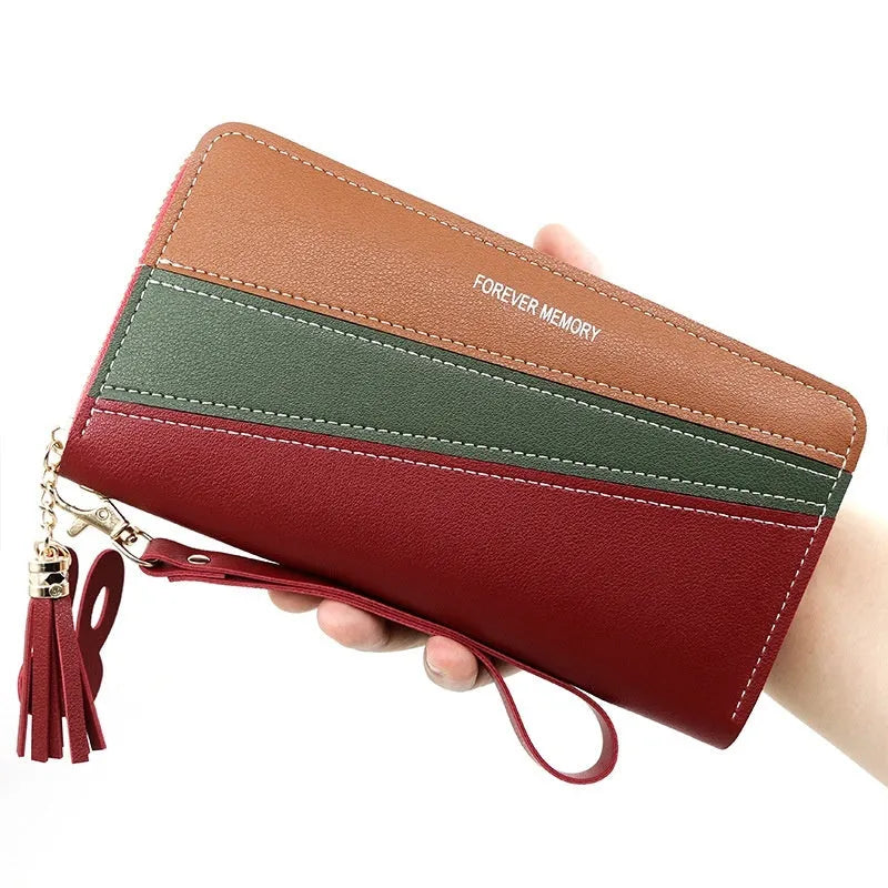 Square vertical PU leather coin purse card holder with contrast colour trim, medium length, in pink, red, blue or black.