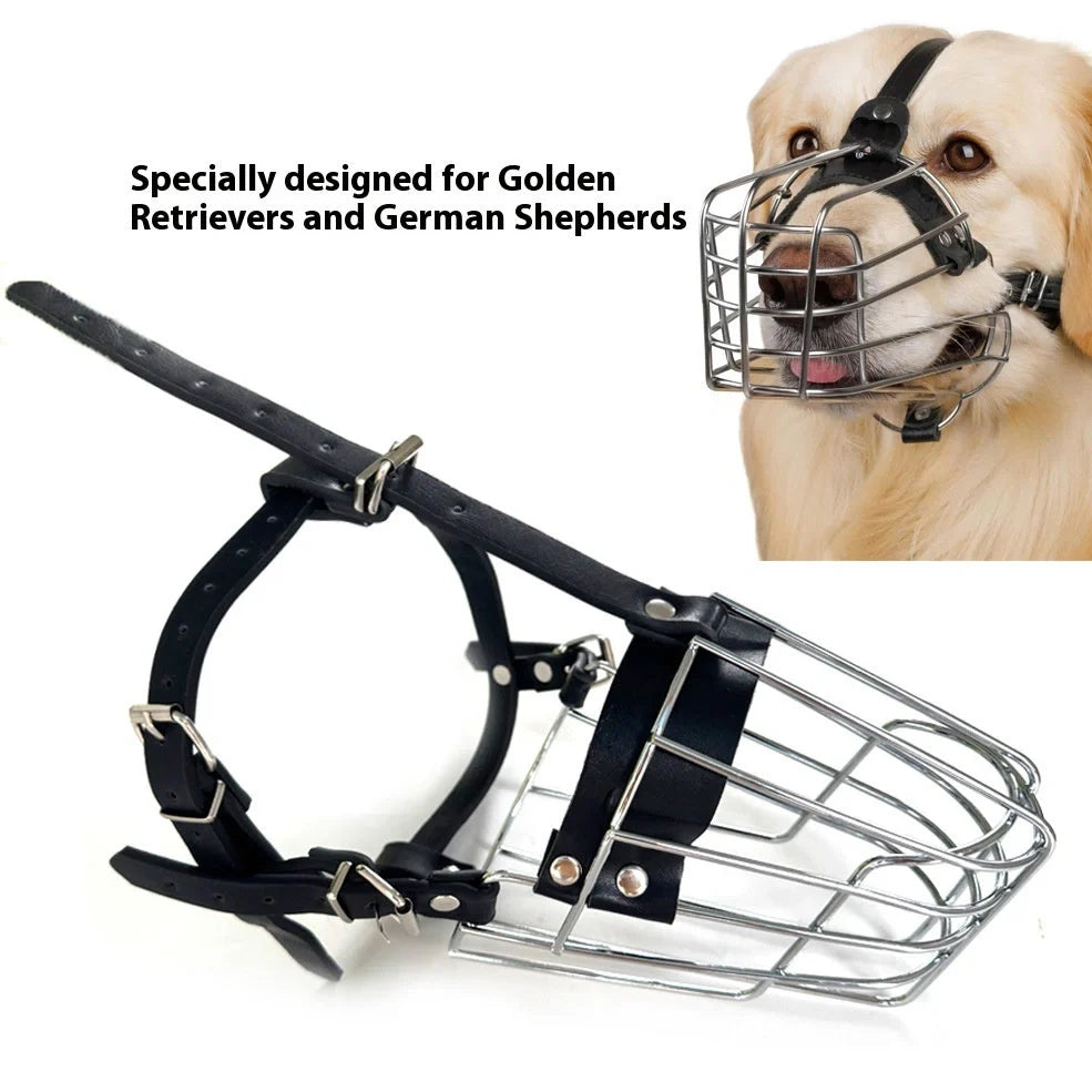Black metal dog mouth cover designed specifically for golden retrievers and German shepherds