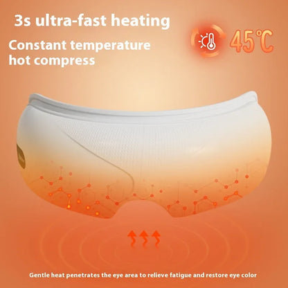 White rechargeable eye massager with airbag compression and hot compress functions, dimensions 140mm x 52mm x 150mm