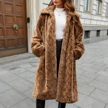 Women's over-the-knee faux fur coat in leopard print, 80cm length, regular sleeves, available in multiple sizes