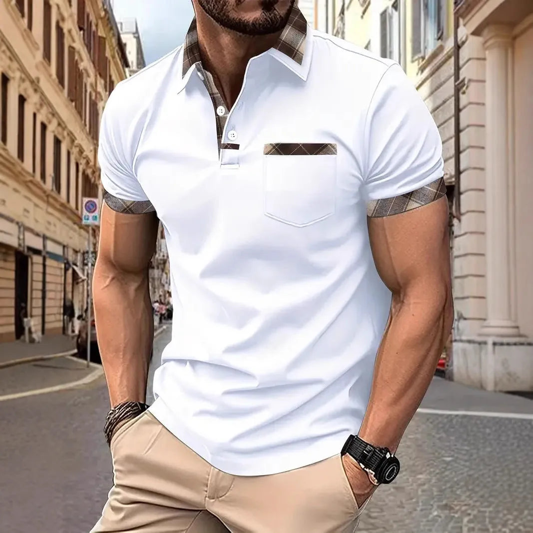 Men's short sleeve plaid colourblock t-shirt with zipper decoration in various colours and sizes