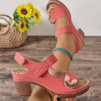 European and American style Velcro sandals in light brown with round toe and rubber sole.