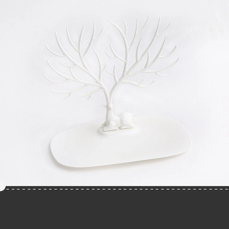 Deer Antler Jewelry Stand in white and black, organizing earrings, necklaces, and bracelets