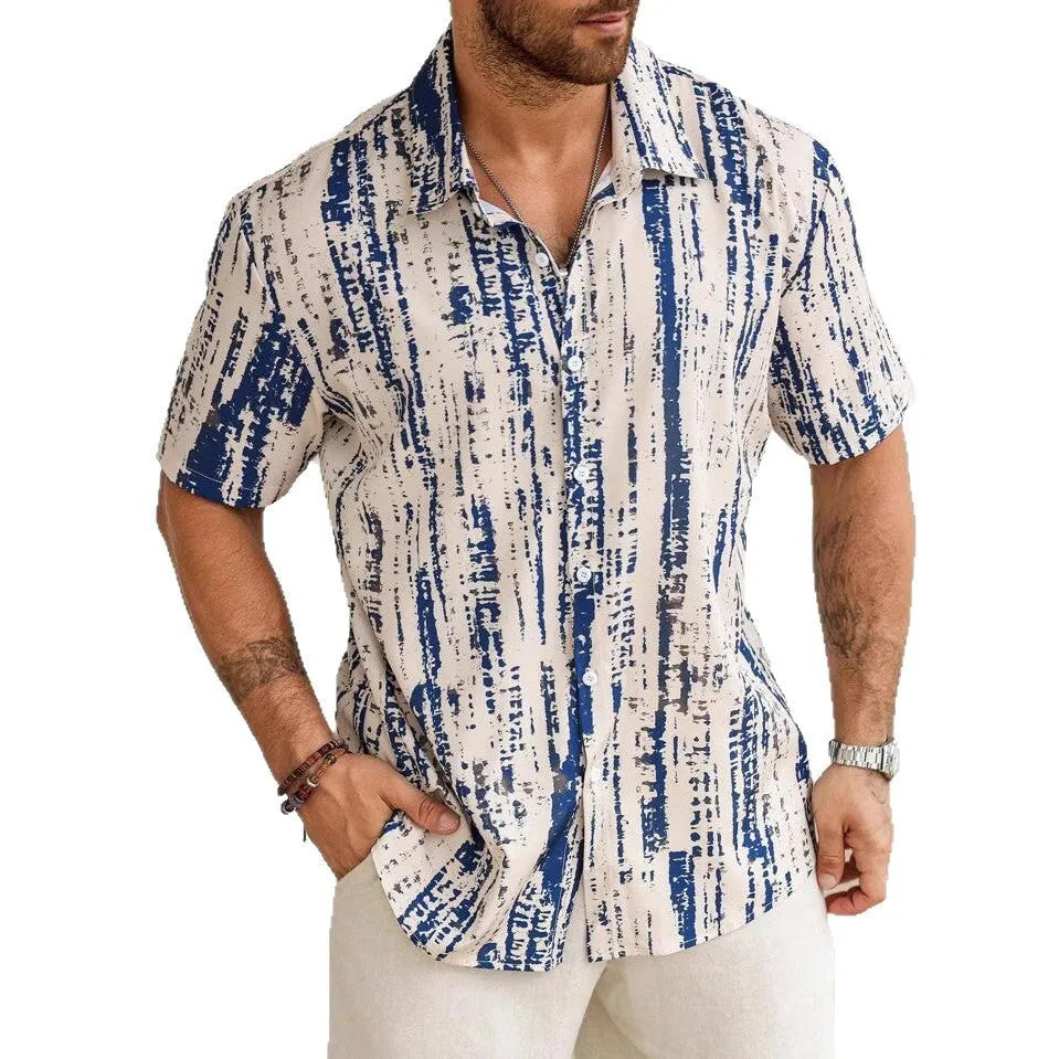 Men's striped short-sleeve shirt in apricot with 3D digital printing and anti-wrinkle fabric