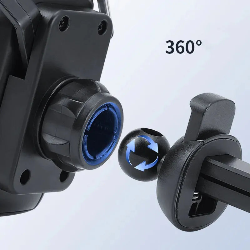 Gold car air vent phone holder with 360-degree rotation and silicone padding mounted on vehicle vent