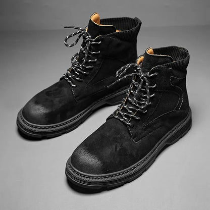 Men's vintage-style Martin boots with frosted microfiber leather upper and 1-3cm thick heel in black, sand, or grey