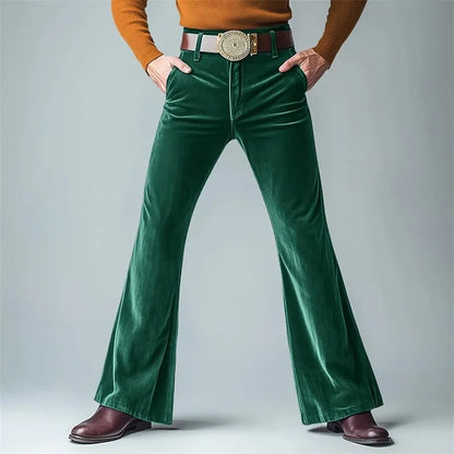 Men's velvet slim flared suit trousers in seven colours including black, dark red, green, blue, khaki, brown and yellow