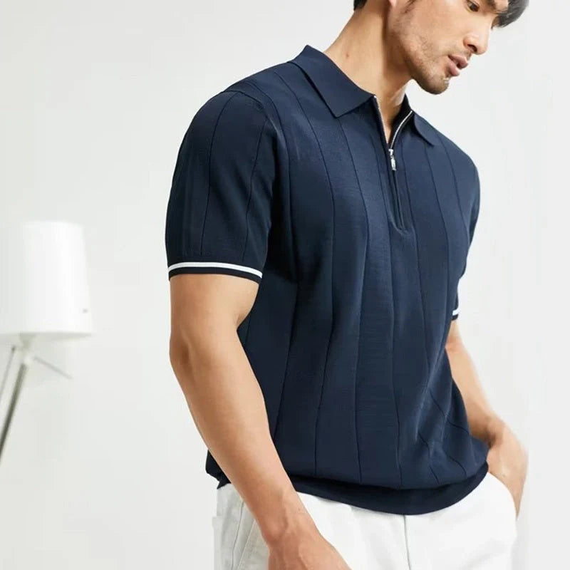 Men's short-sleeved polo shirt with lapel zipper in white and dark blue