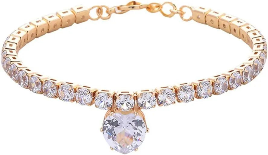 Gold heart-shaped rhinestone pet collar with adjustable chain for dogs and cats