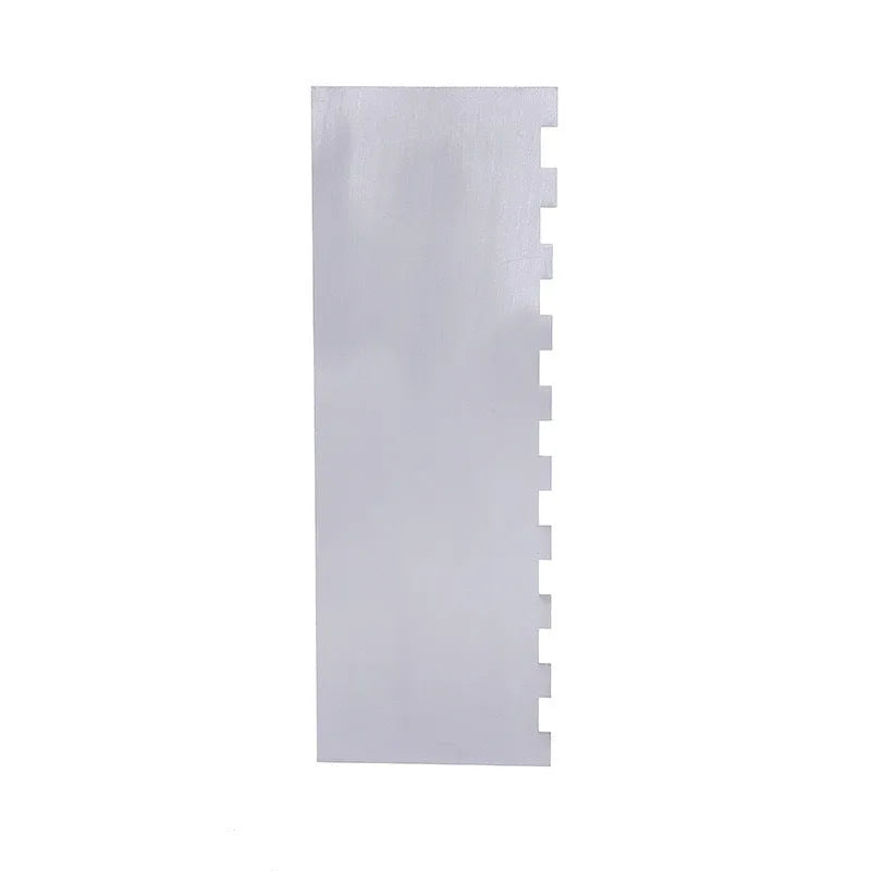 Stainless steel cream scraper with polygon patterns for cake decorating showing six different texture options