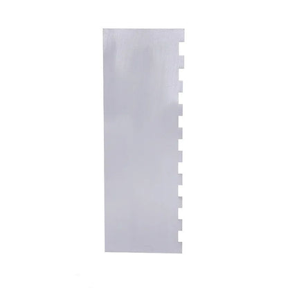 Stainless steel cream scraper with polygon patterns for cake decorating showing six different texture options