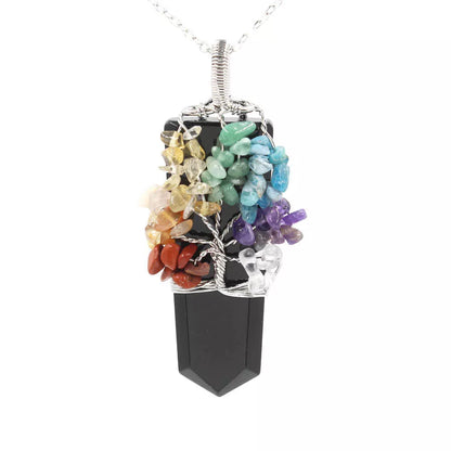 Crystal Column Tree of Life Winding Pendant Necklace in various natural crystal colors
