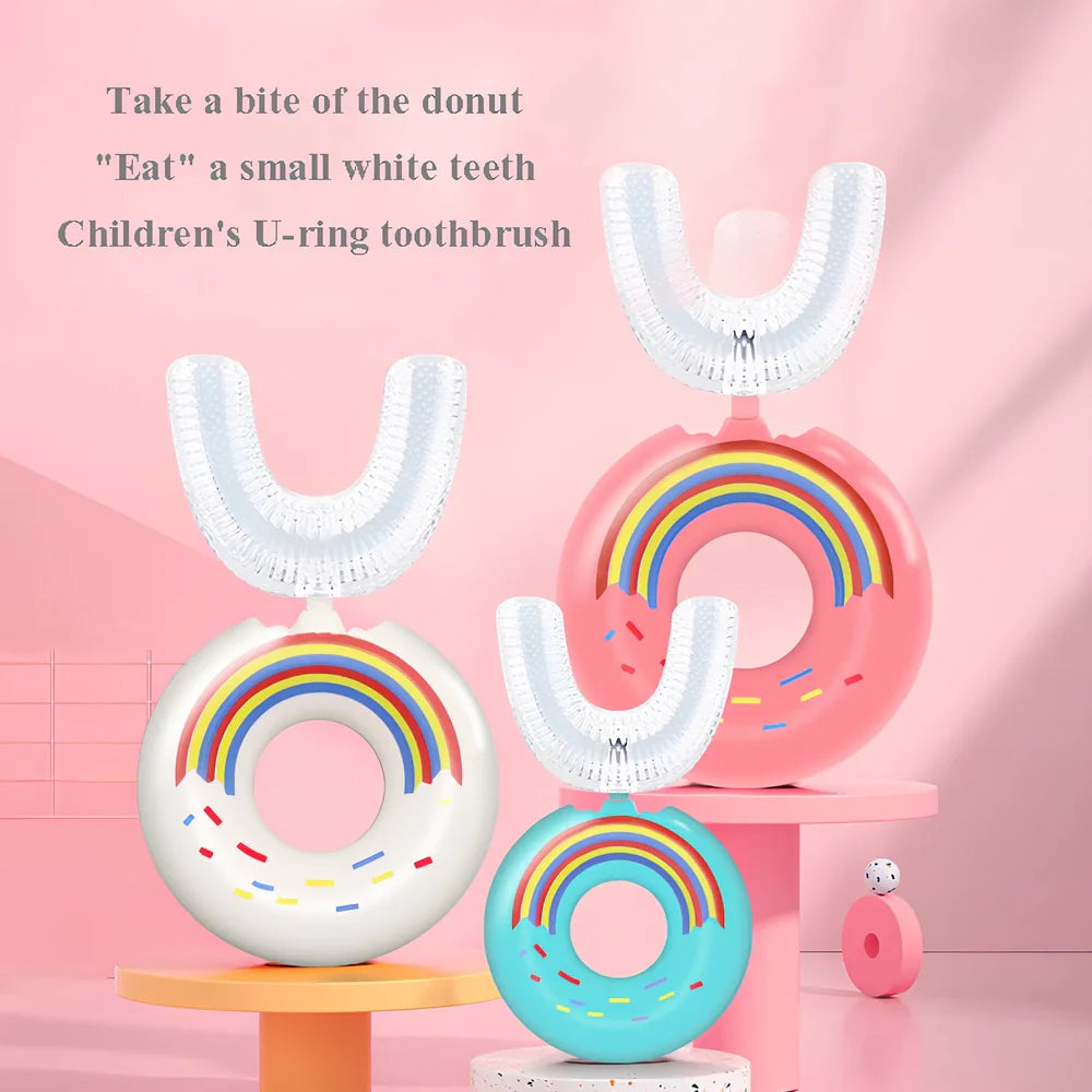 U-shaped children's toothbrush 9.5x4.5cm pink blue white donut colours soft bristles