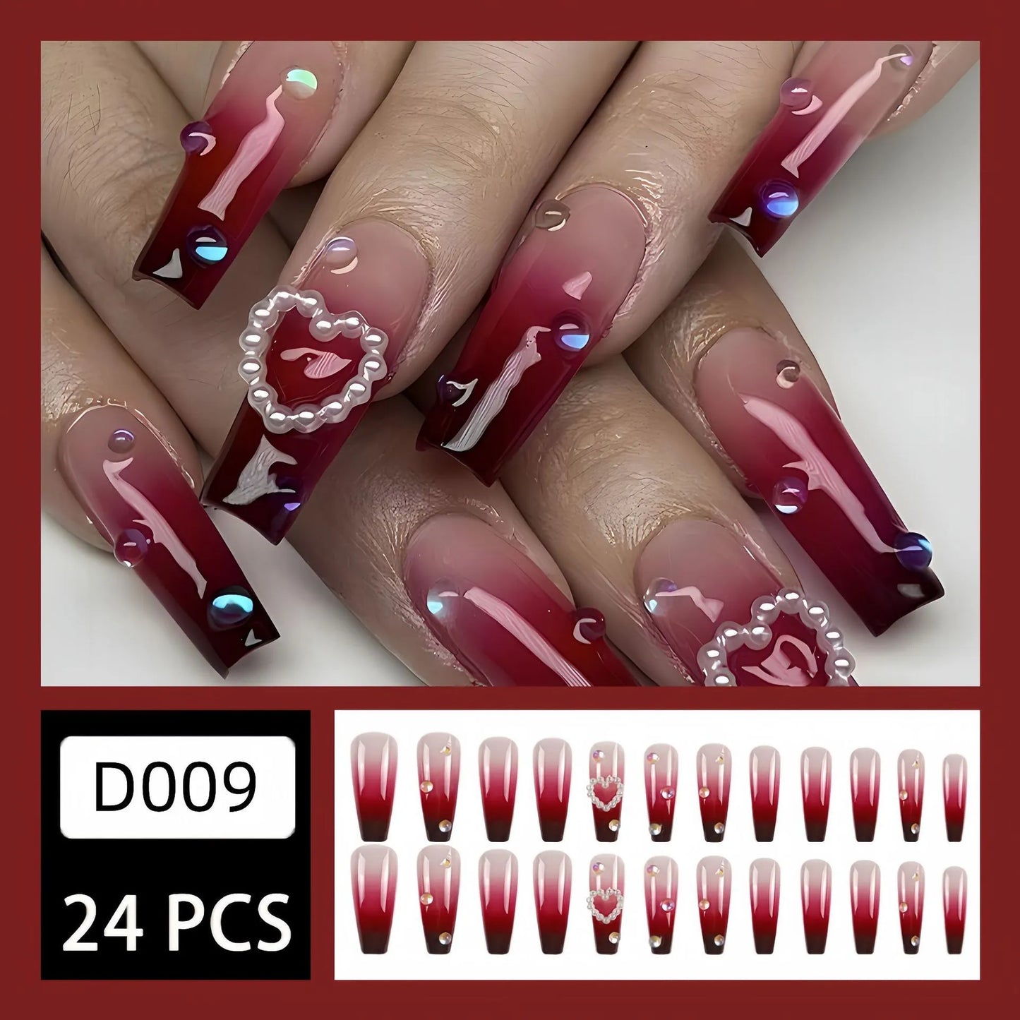 Set of long ballet-style fake nail tips with wine red gradient, white plaid pattern, and pearl heart decorations