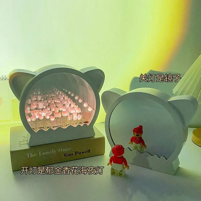 Handmade DIY cat head shaped night lamp decorated with pink tulip flowers