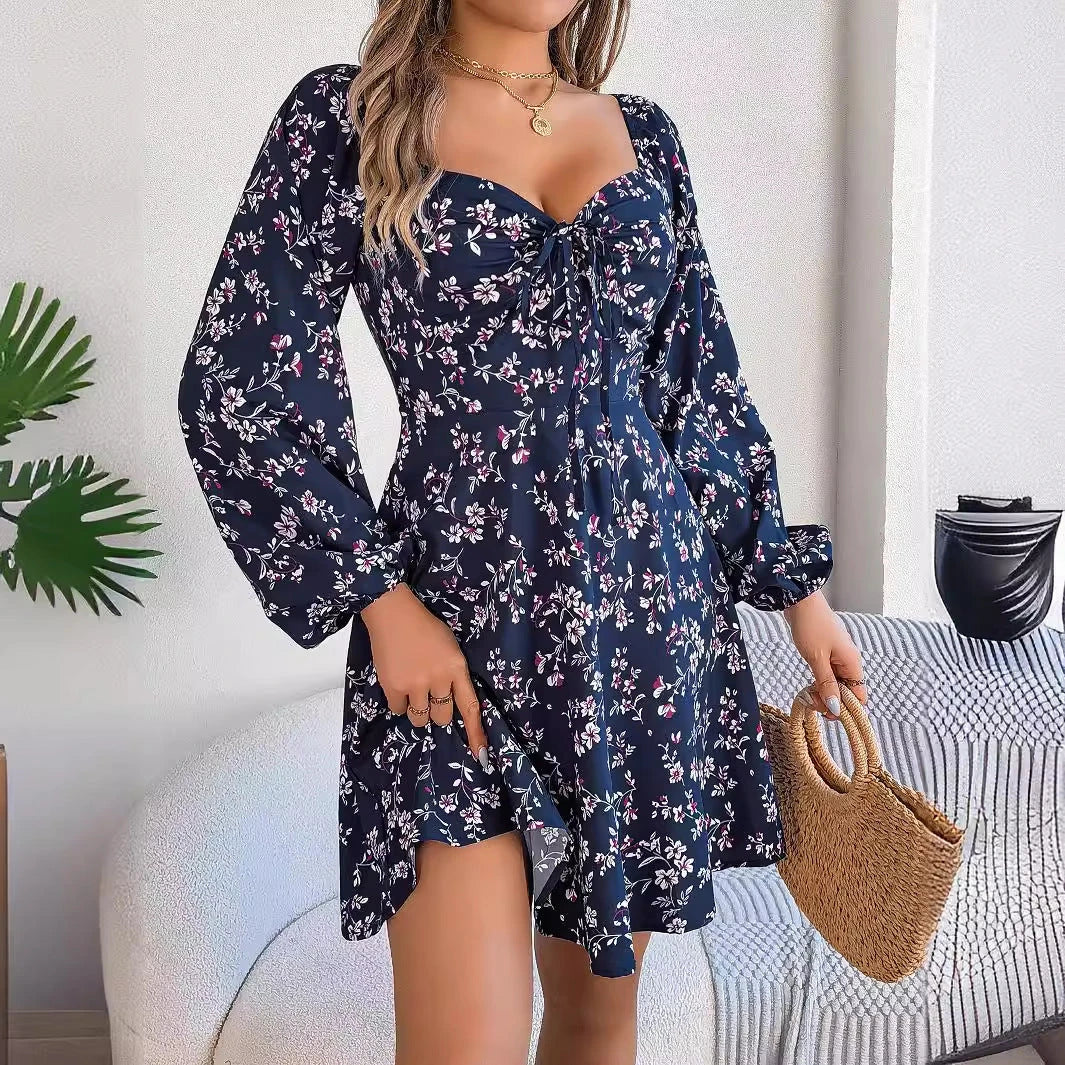 Flirty floral print chiffon dress with lantern sleeves, square neckline, and A-line silhouette