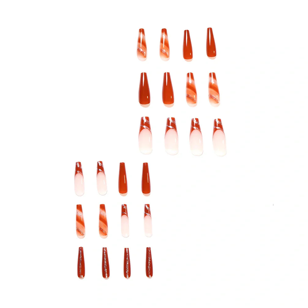 24 maple leaf red French tip press-on nails in open box showing long nail patch design