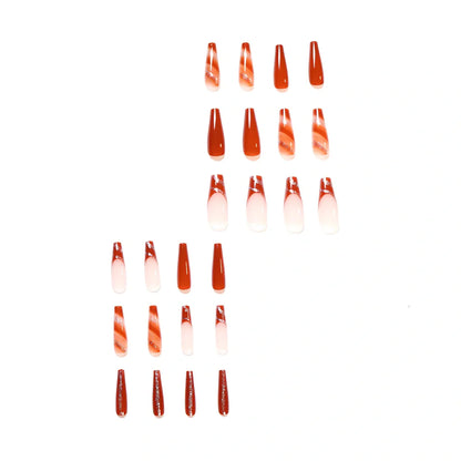 24 maple leaf red French tip press-on nails in open box showing long nail patch design